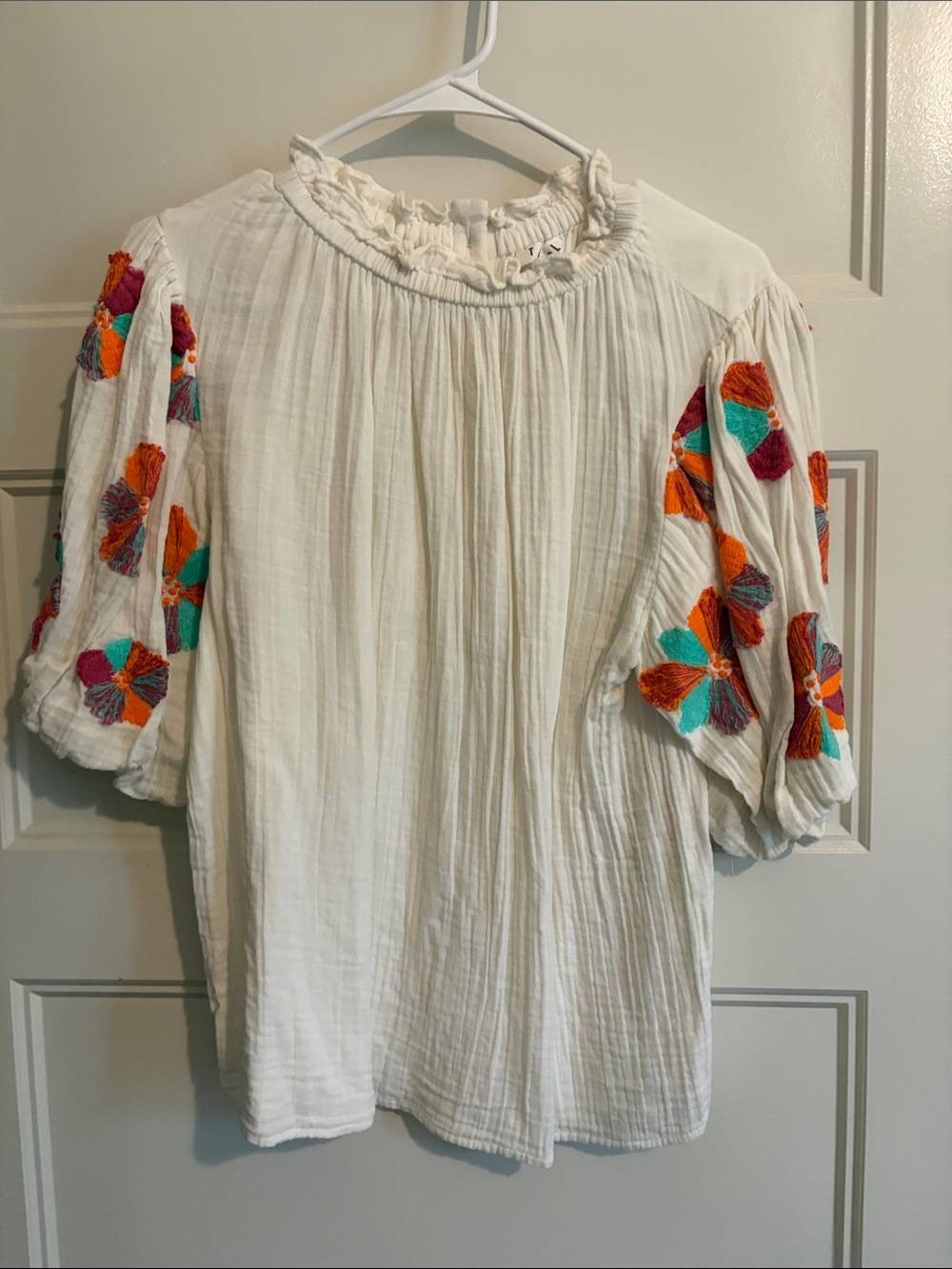 THML White Gauze Peasant Tunic with Orange, Teal & Magenta Embroidery